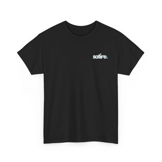 Black t-shirt with the 'Satire.' logo in white and blue text on the left chest area. | Satire Clothes