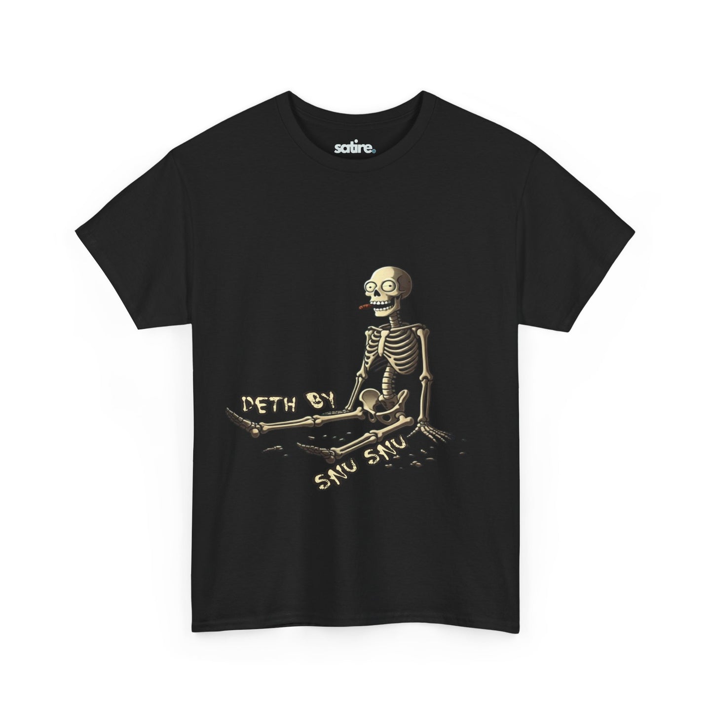 Black Deth by Snu Snu t-shirt with a happy skeleton design | Satire Clothes