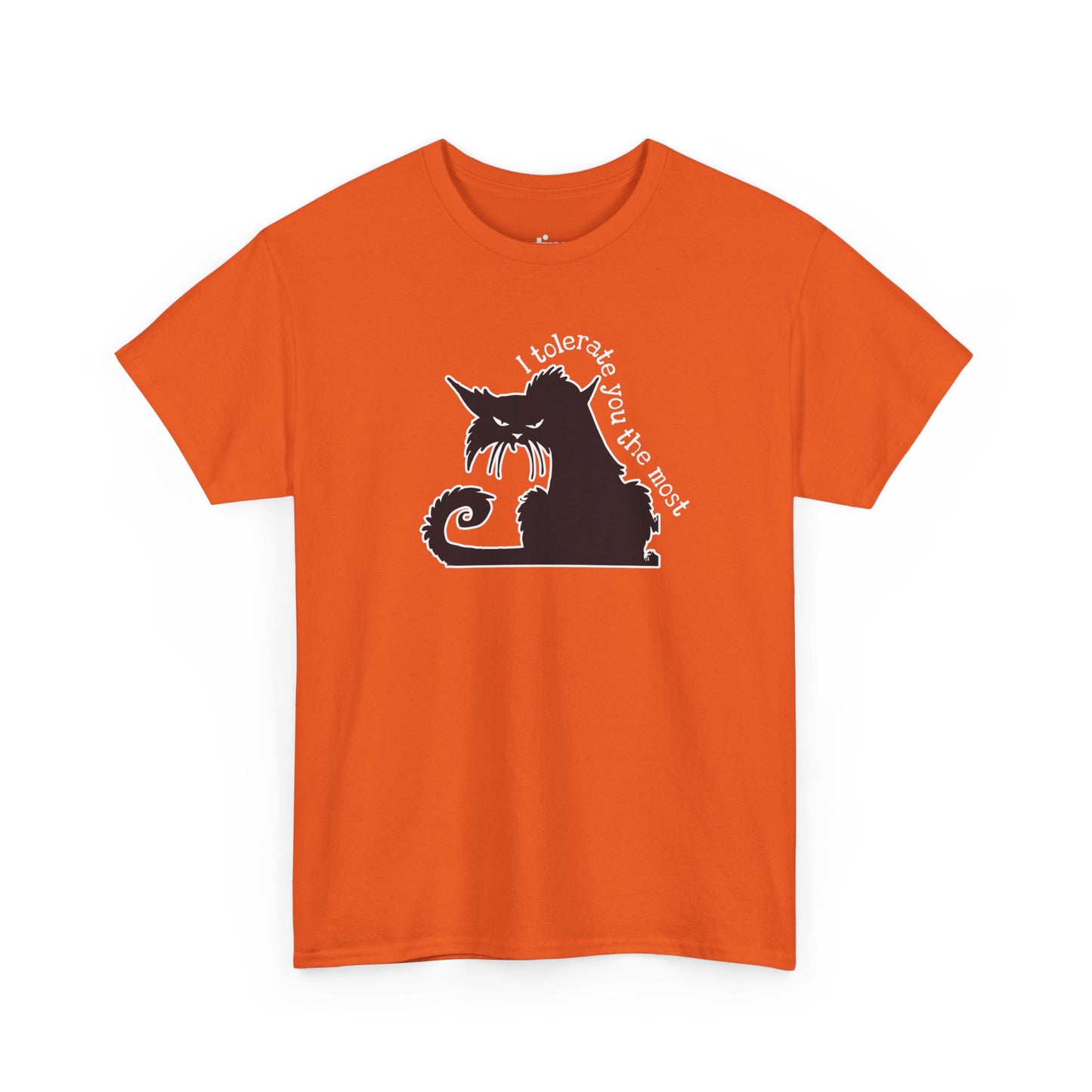 Orange T-shirt with a black silhouette of an angry cat and the text "I tolerate you the most" printed on it | Satire Clothes