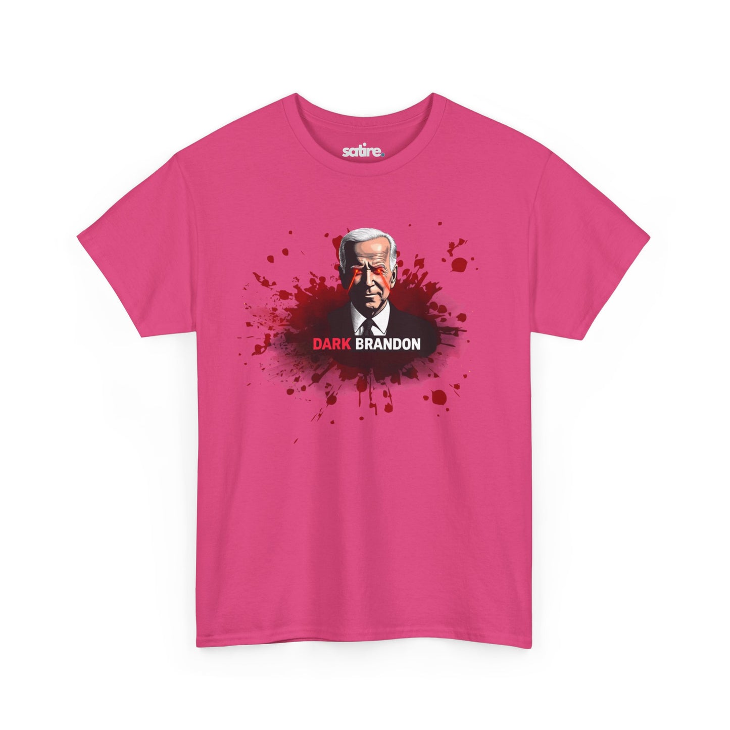 Pink t-shirt with a graphic of a man with white hair in a suit, surrounded by red splatter effects, and the text 'DARK BRANDON' in bold white and red letters below the image | Satire Clothes