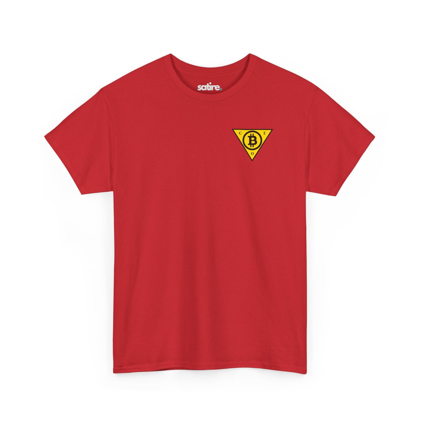 Red t-shirt with a yellow triangle logo featuring the Bitcoin symbol in the center and the letters C, E, and O at each point of the triangle. | Satire Clothes