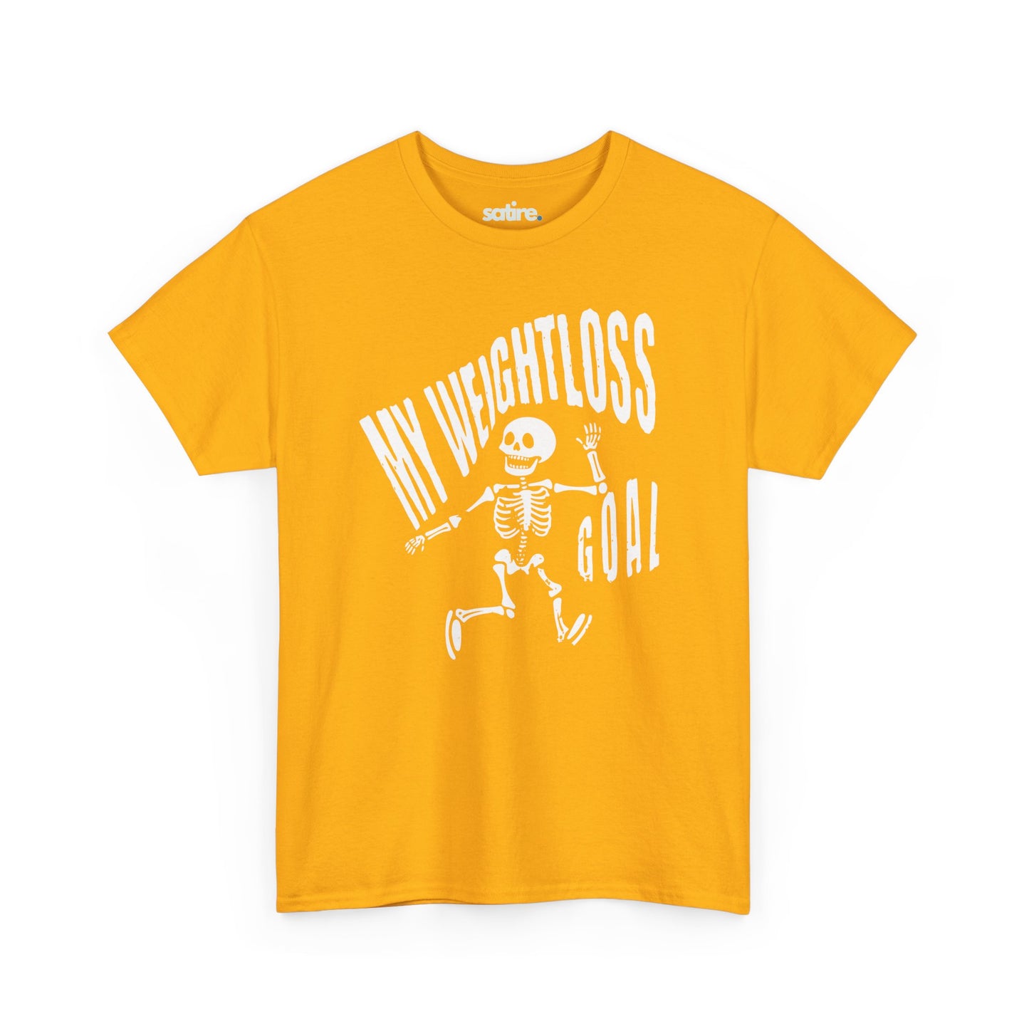 Yellow t-shirt featuring a humorous white skeleton graphic with the text "MY WEIGHTLOSS GOAL" in a distressed font above it | Satire Clothes