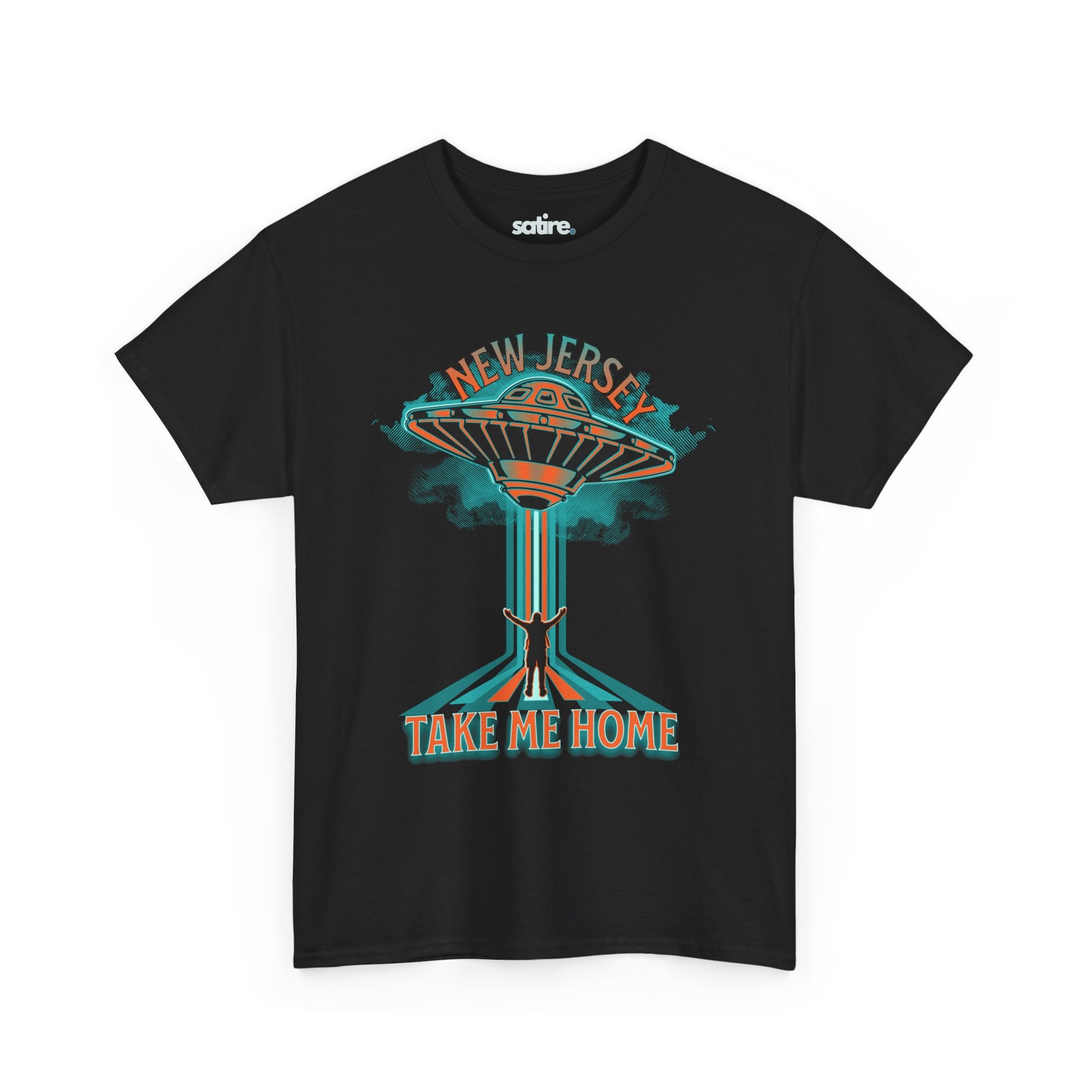 Black t-shirt with a vibrant graphic of a human being abducted by a neon-colored UFO, with the text "NEW JERSEY" above and "TAKE ME HOME" below the image | Satire Clothes