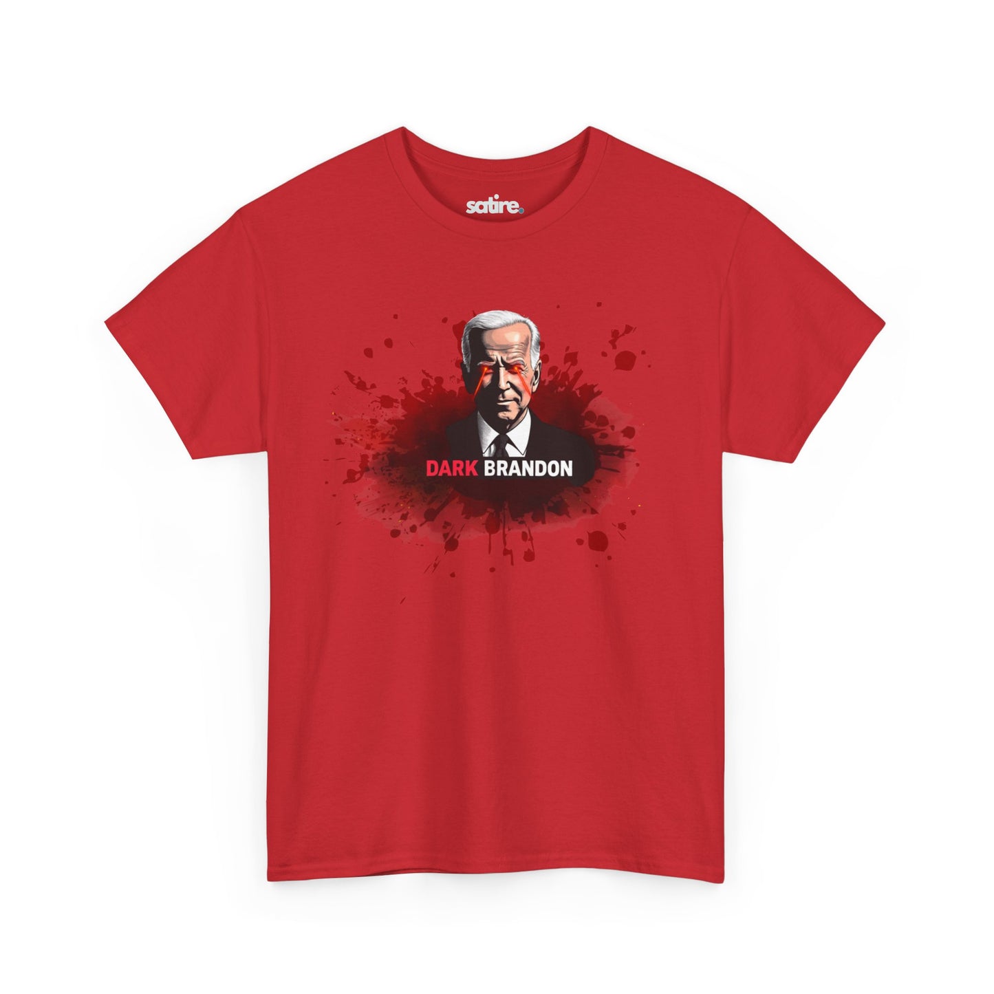 Red t-shirt with a graphic of a man with white hair in a suit, surrounded by red splatter effects, and the text 'DARK BRANDON' in bold white and red letters below the image | Satire Clothes