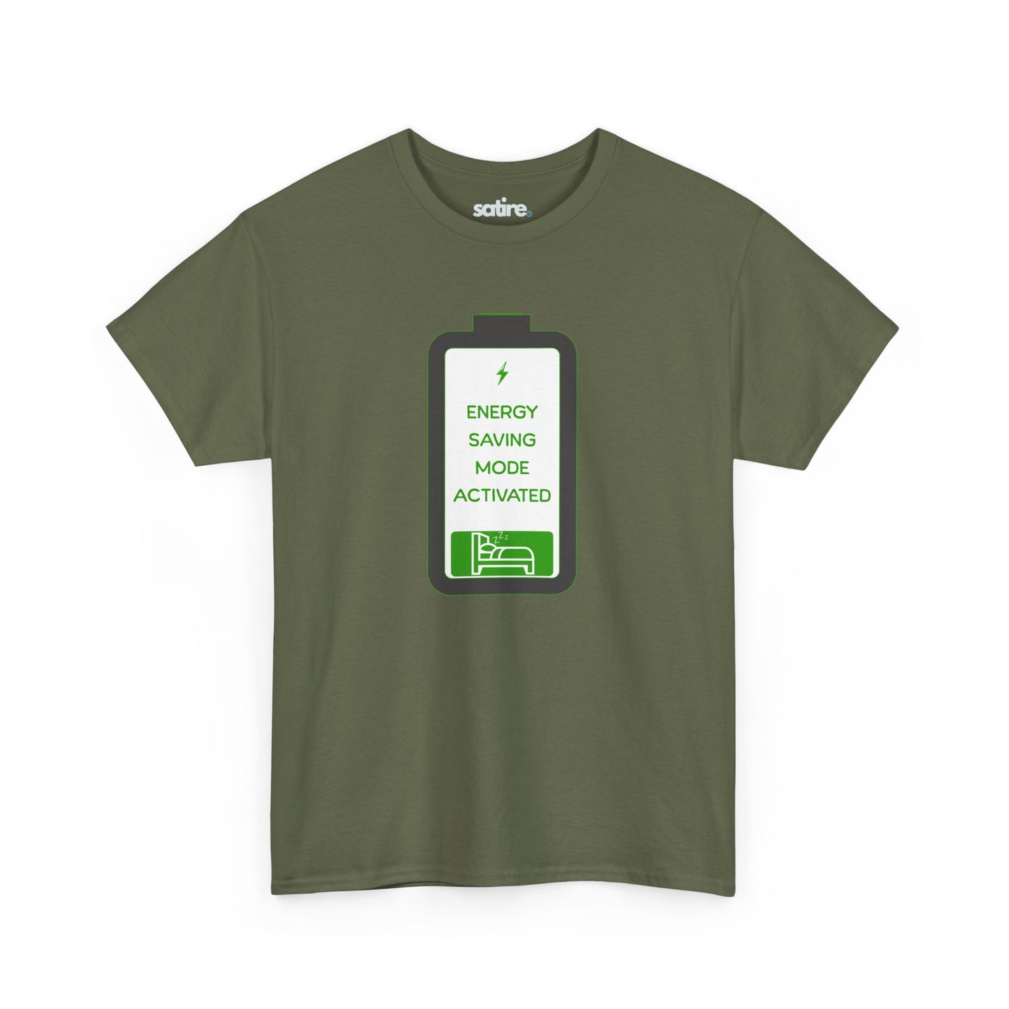 Military green t-shirt with a graphic of a battery icon displaying 'Energy Saving Mode Activated' text and a sleeping person icon | Satire Clothes