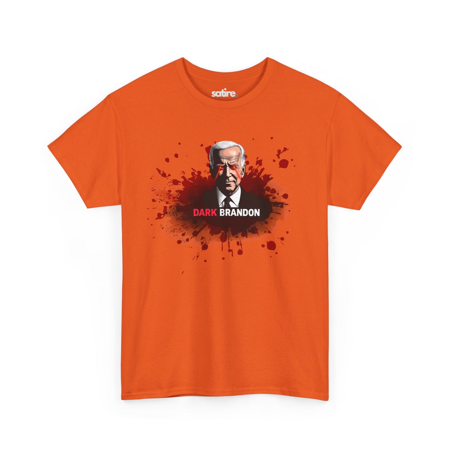 Orange t-shirt with a graphic of a man with white hair in a suit, surrounded by red splatter effects, and the text 'DARK BRANDON' in bold white and red letters below the image | Satire Clothes