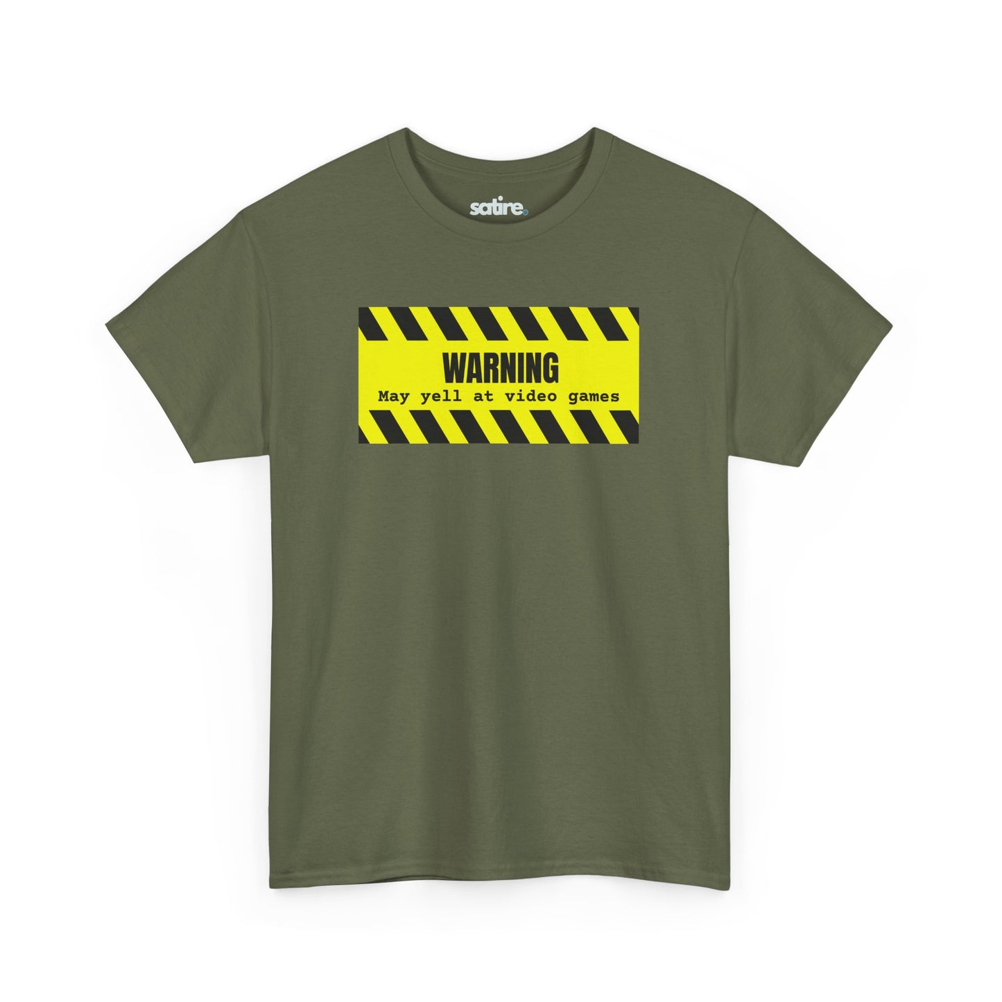 Military green t-shirt with a yellow and black striped warning sign graphic which says 'WARNING: May yell at video games' in bold black text | Satire Clothes