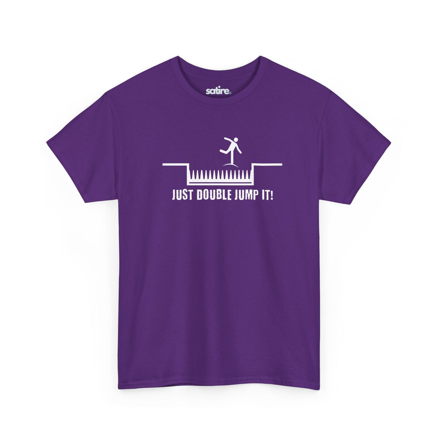 Purple t-shirt with a white graphic of a stick figure jumping over spikes and the text 'JUST DOUBLE JUMP IT!' below | Satire Clothes