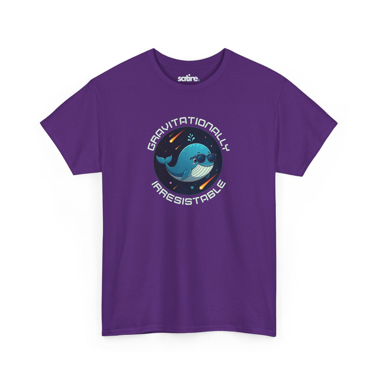 Purple t-shirt featuring a space whale wearing sunglasses, surrounded by a circular text that reads 'GRAVITATIONALLY IRRESISTIBLE' | Satire Clothes