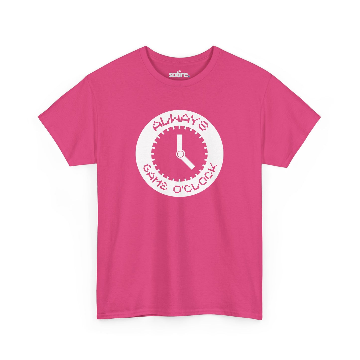 Pink t-shirt with a white circular graphic in the center. The graphic features a clock with the text 'ALWAYS GAME O'CLOCK' around it. | Satire Clothes