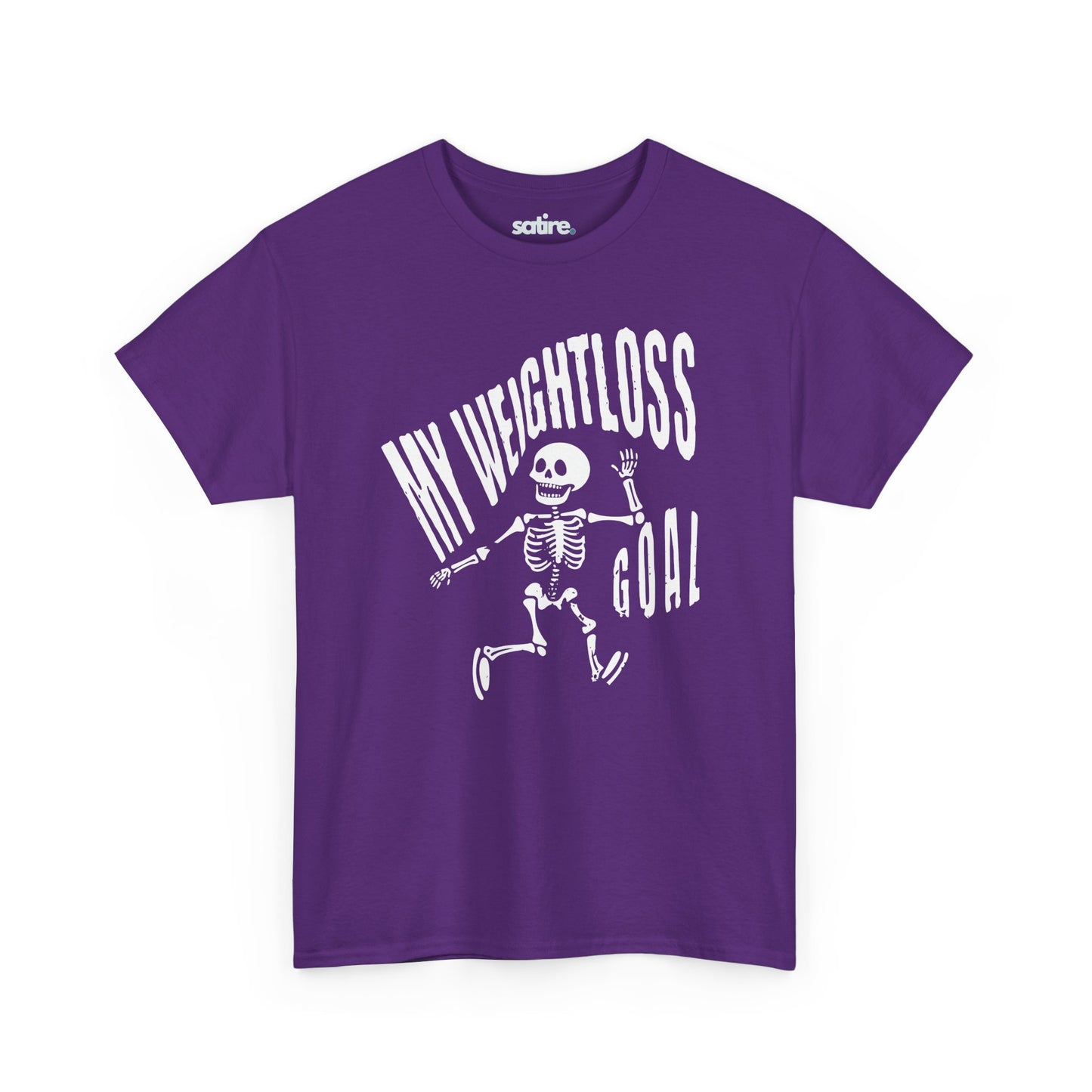 Purple t-shirt featuring a humorous white skeleton graphic with the text "MY WEIGHTLOSS GOAL" in a distressed font above it | Satire Clothes