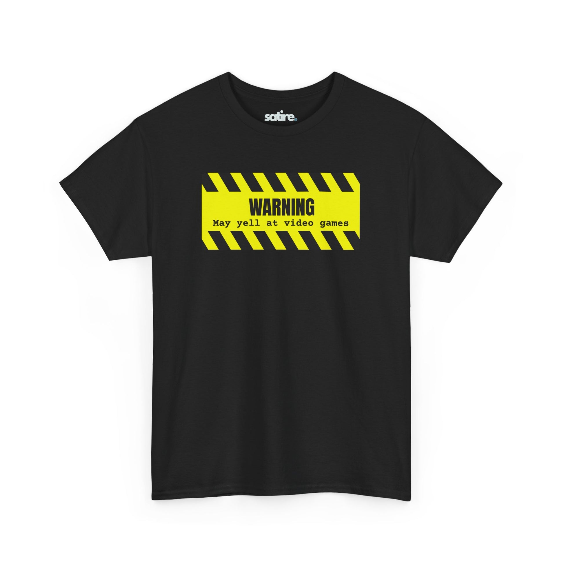 Black t-shirt with a yellow and black striped warning sign graphic which says 'WARNING: May yell at video games' in bold black text | Satire Clothes