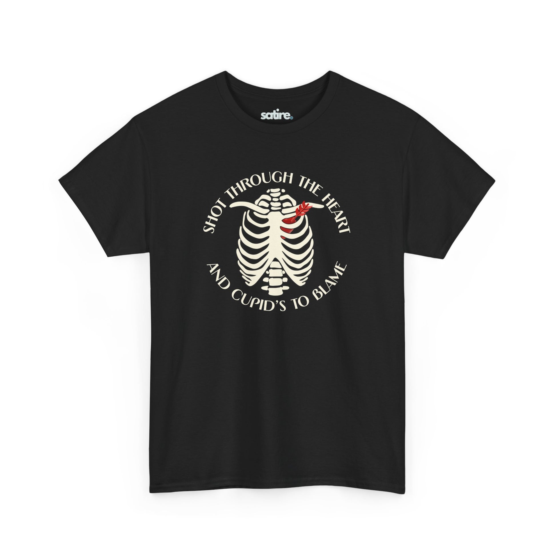 Black T-Shirt with a white skeleton ribcage design and the text 'Shot Through The Heart And Cupid's To Blame' encircling it | Satire Clothes