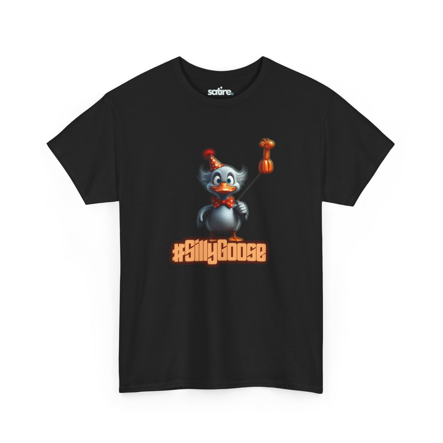 Black t-shirt featuring a cartoon goose wearing a party hat and holding a giraffe balloon, with the text "#SillyGoose" printed below the image | Satire Clothes