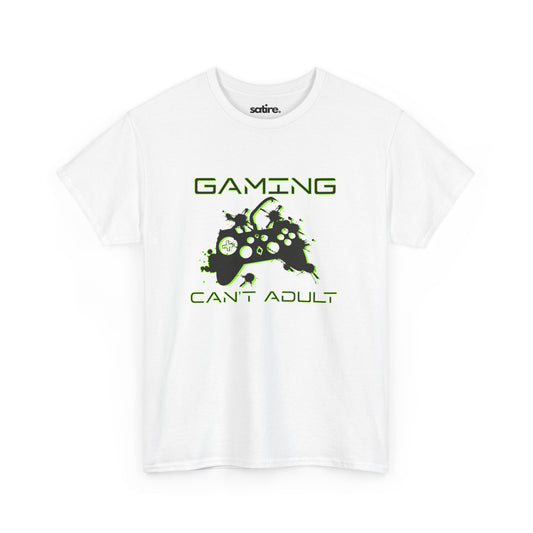 White T-shirt with a design featuring the text 'Gaming, Can't Adult' in green and a black silhouette of a gaming controller with green splatter effects | Satire Clothes