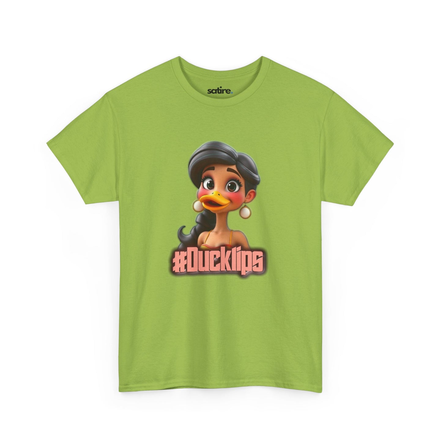 Green t-shirt featuring a humorous graphic of a character with a duck's beak and the text "#Ducklips" in bold, pink letters | Satire Clothes