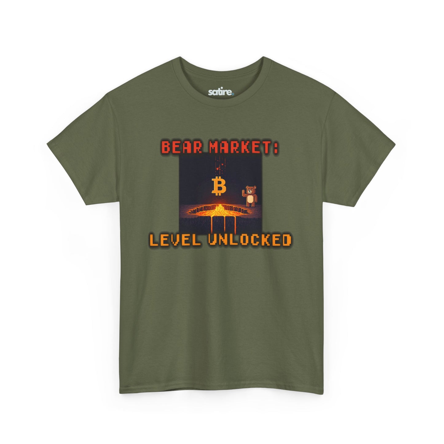 Military green t-shirt from Satire Clothes with 'BEAR MARKET:' in red. Image of Bitcoin melting into lava with a bear watching. 'LEVEL UNLOCKED' in orange below. | Satire Clothes