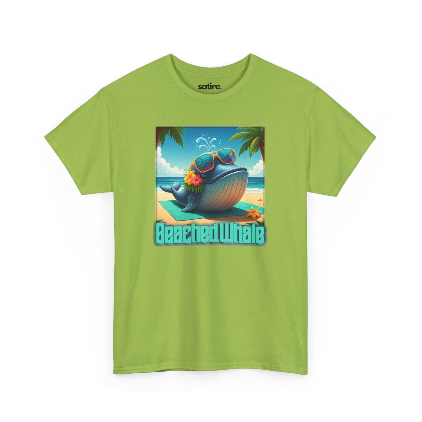 Green t-shirt with a graphic of a whale on a beach, wearing sunglasses with flowers tucked into the sunglasses. Text below reads 'Beached Whale' | Satire Clothes