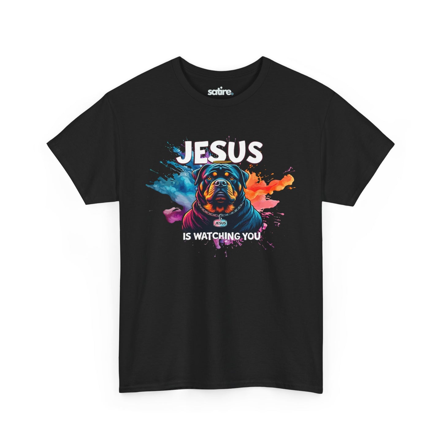 Black T-shirt with a colorful Rottweiler graphic and 'JESUS IS WATCHING YOU' text | Satire Clothes