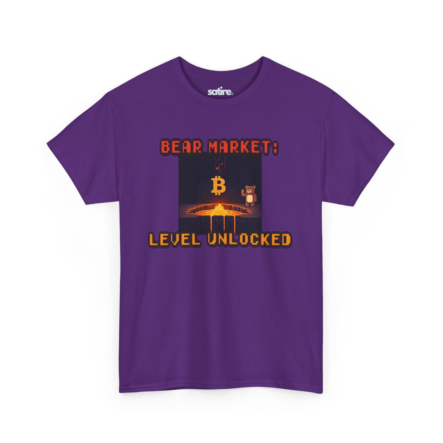 Purple t-shirt from Satire Clothes with 'BEAR MARKET:' in red. Image of Bitcoin melting into lava with a bear watching. 'LEVEL UNLOCKED' in orange below. | Satire Clothes