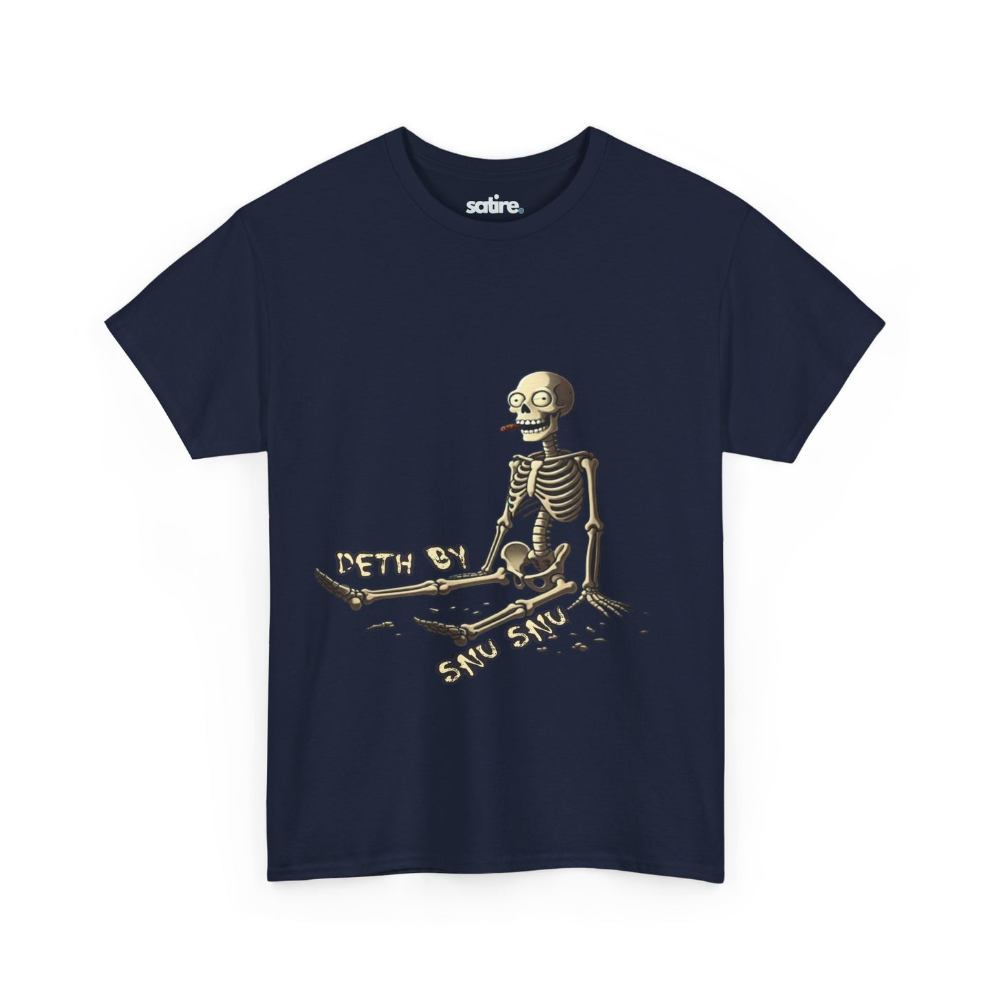 Navy blue Deth by Snu Snu t-shirt with a happy skeleton design | Satire Clothes