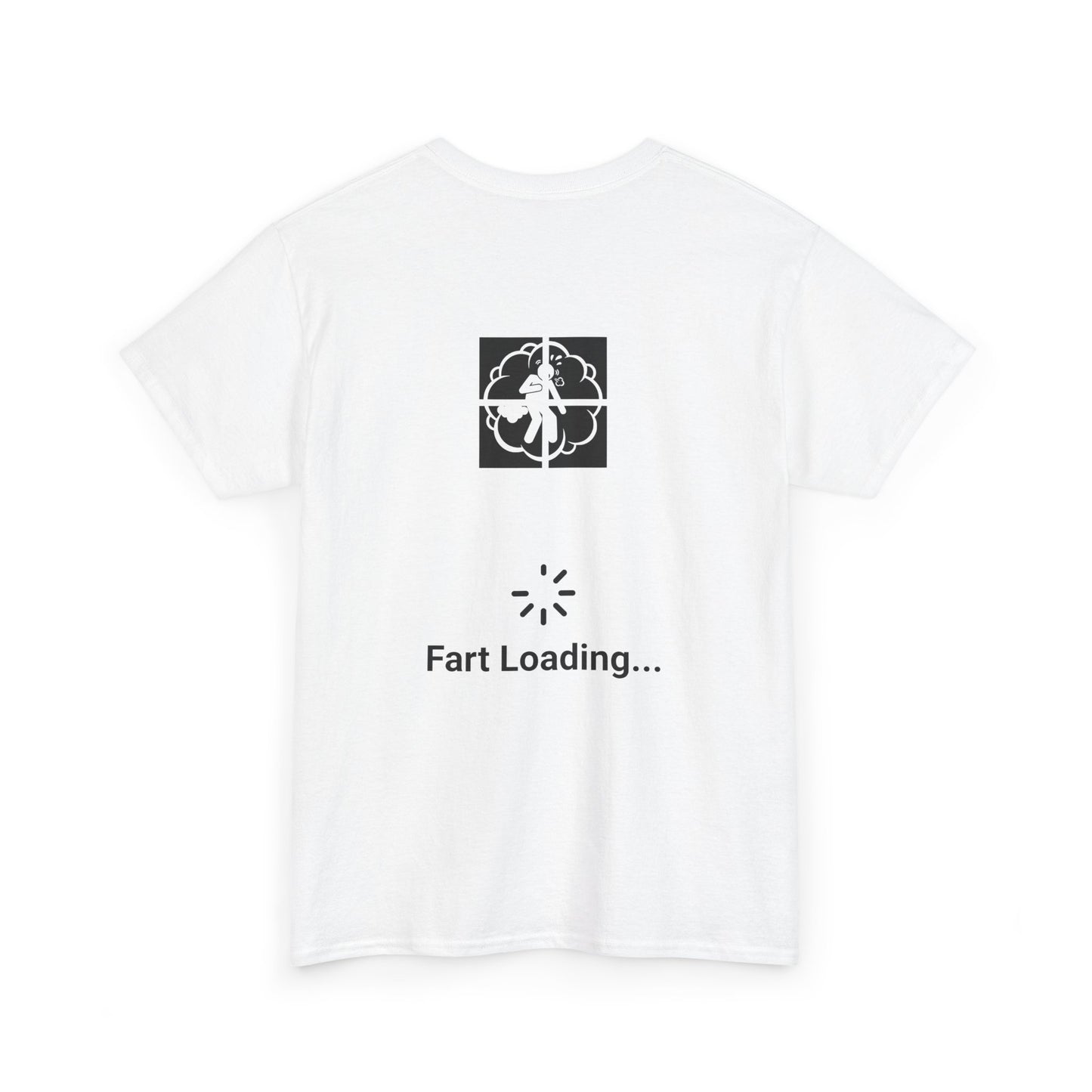 White t-shirt with a humorous design featuring a silhouette of a person in a cloud of gas within a crosshair, followed by a loading symbol and the text 'Fart Loading...' | Satire Clothes