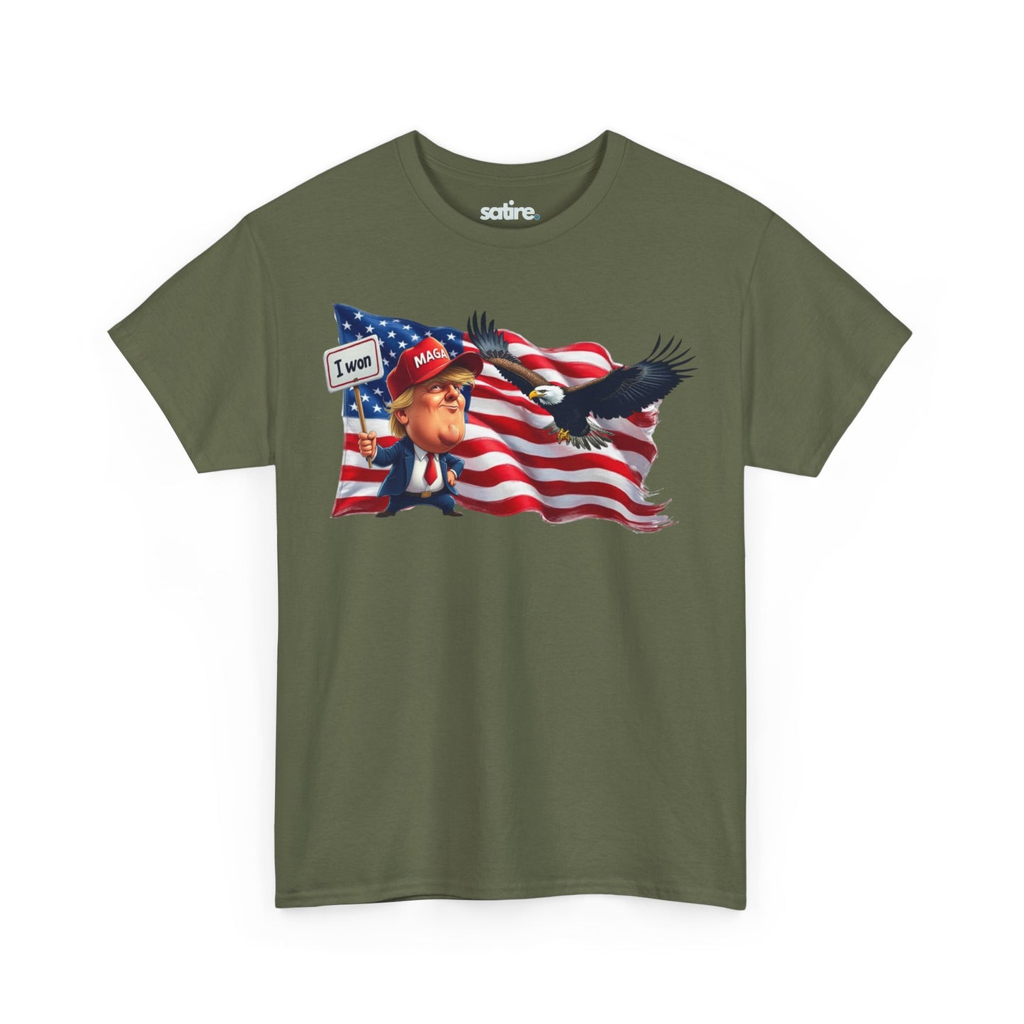 Military green t-shirt featuring a satirical design of Donald Trump holding an "I WON" sign in front of an American flag with an eagle flying above | Satire Clothes