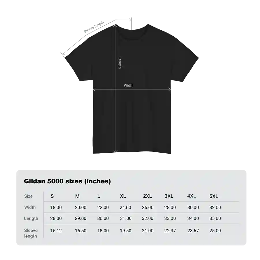 Size chart for Gildan 5000 t-shirts showing measurements in inches: Width ranges from 18.00 (S) to 32.00 (5XL), Length from 28.00 (S) to 35.00 (5XL), and Sleeve length from 15.12 (S) to 25.00 (5XL)  | Satire Clothes