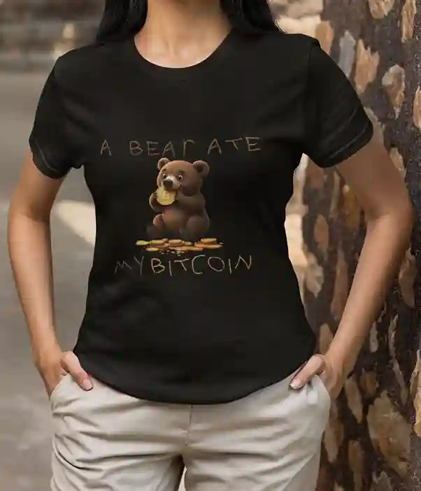 Woman wearing a black t-shirt with a cartoon bear eating a Bitcoin, text reads "A BEAR ATE MY BITCOIN" with Bitcoin symbols around the bear.  | Satire Clothes