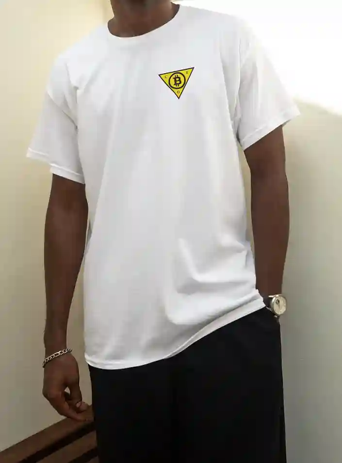 Man wearing a white t-shirt with a yellow triangle logo featuring the Bitcoin symbol in the center and the letters C, E, and O at each point of the triangle. | Satire Clothes