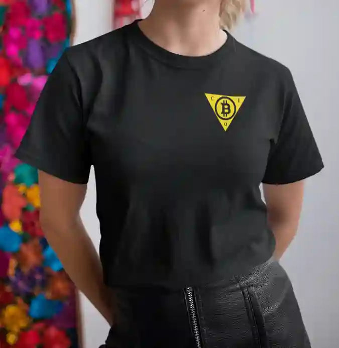 Woman wearing a black t-shirt with a yellow triangle logo featuring the Bitcoin symbol in the center and the letters C, E, and O at each point of the triangle. | Satire Clothes