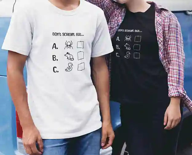 Man in white t-shirt and a woman in black t-shirt both featuring text 'Don't Scream, But...' with options A. spider, B. rat, and C. snake, each with an empty checkbox next to them | Satire Clothes