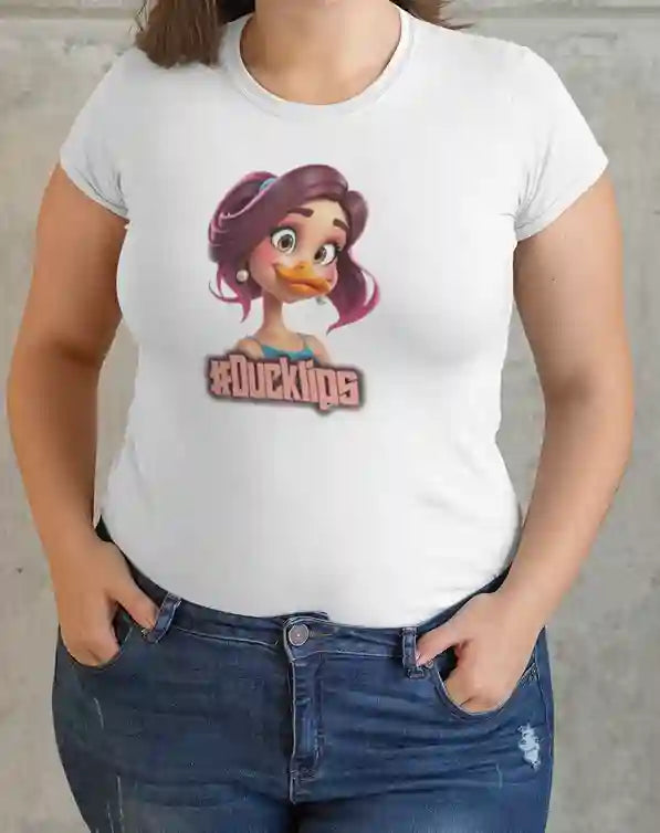 Plus size woman wearing a white t-shirt featuring a colorful cartoon character with purple hair and a duck bill, wearing a blue top, with the text '#Ducklips' in bold letters below the image | Satire Clothes