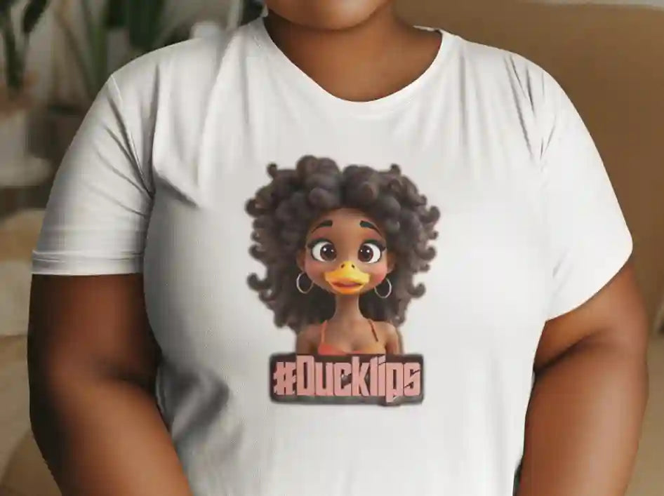 Plus size woman wearing a white t-shirt with a humorous cartoon duck with human-like curly hair and hoop earrings, text reads #Ducklips in pink | Satire Clothes