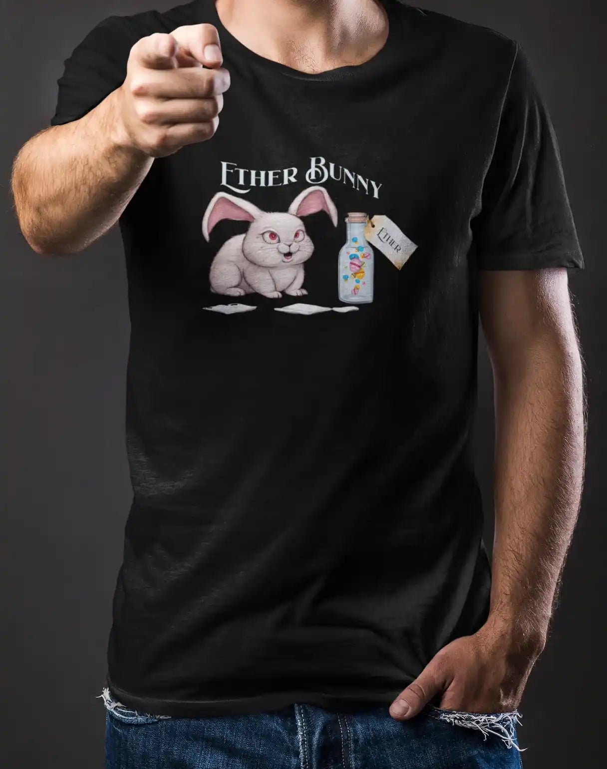 A man wearing a black t-shirt with a graphic of a cartoon bunny labeled "Ether Bunny" sitting next to a bottle with a tag that reads "Ether." | Satire Clothes