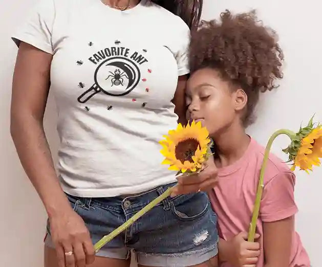 Woman and child with sunflowers, woman in white 'Favorite Ant' t-shirt with ant under magnifying glass design | Satire Clothes