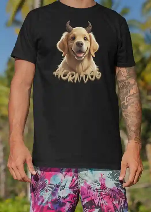 Man wearing a black t-shirt featuring a cartoon dog with horns and the text 'HORN DOG' in stylized lettering below the image of the dog | Satire Clothes