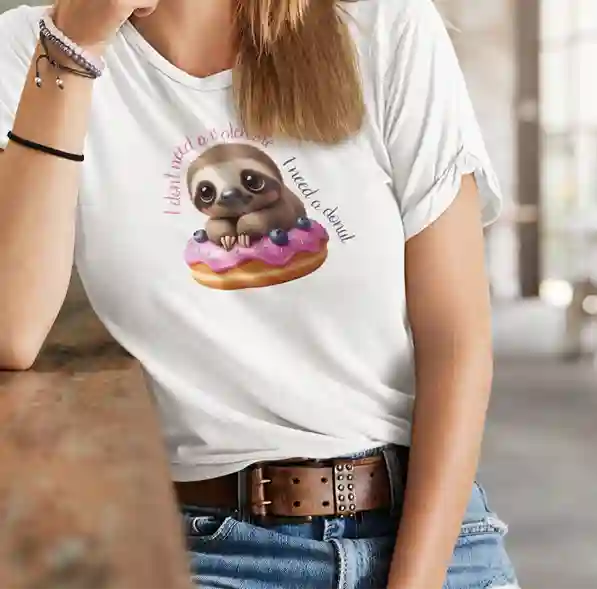 Woman wearing a white t-shirt with a cartoon sloth sitting on a pink frosted donut with blueberries. The text around the sloth reads 'I don't need a valentine, I need a donut' in a playful font. | Satire Clothes