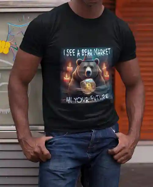 Man wearing a black t-shirt with a graphic of a bear in a wizard hat gazing into a crystal ball with a Bitcoin symbol. Text reads: 'I SEE A BEAR MARKET IN YOUR FUTURE' | Satire Clothes