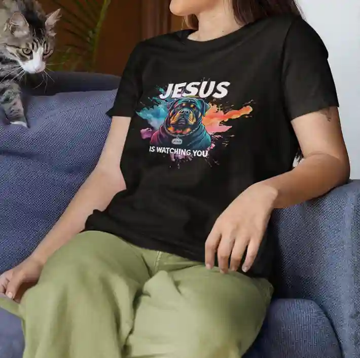 Woman wearing black T-shirt with a colorful Rottweiler graphic and 'JESUS IS WATCHING YOU' text | Satire Clothes