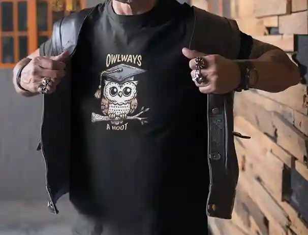 A man wearing a black t-shirt featuring a cute owl with a graduation cap, perched on a branch, with the text "OWLWAYS" above and "A Hoot" below | Satire Clothes