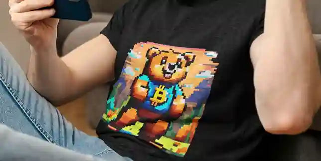 Man wearing a black t-shirt featuring a pixelated bear with a Bitcoin logo on its shirt, set against a colorful, retro-styled background | Satire Clothes