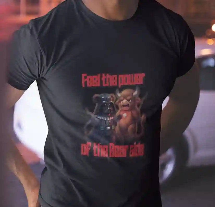 Man wearing a black 'Feel the Power of the Bear Side' t-shirt featuring Bear Vader levitating a bull, with bold red text. | Satire Clothes