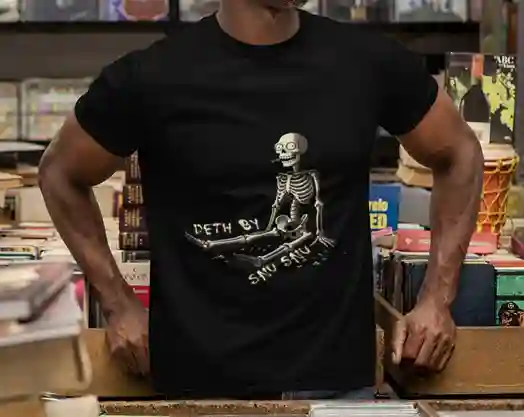 Man wearing a black Deth by Snu Snu t-shirt with a happy skeleton design | Satire Clothes