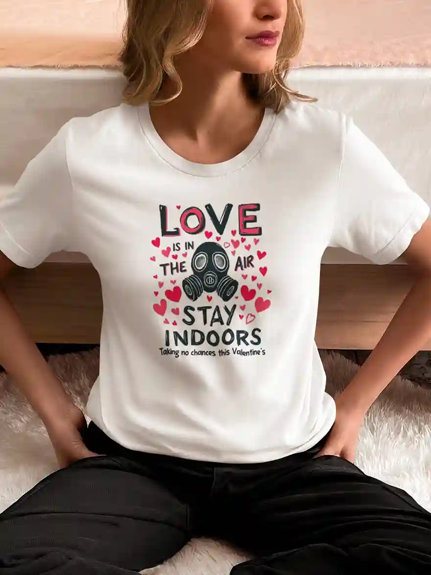 Woman wearing a white t-shirt with text "LOVE IS IN THE AIR STAY INDOORS" and a gas mask surrounded by hearts. | Satire Clothes