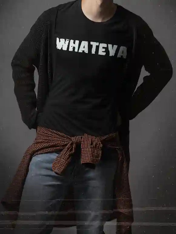 A man wearing a black t-shirt with the word "WHATEVA" printed in large, distressed white letters across the front. | Satire Clothes