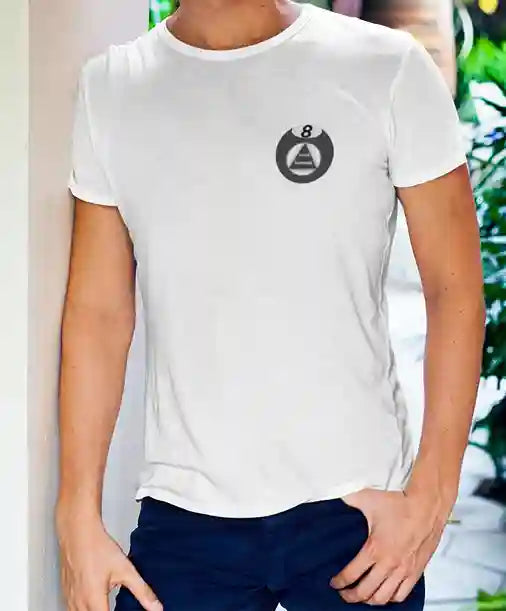 Man wearing a white t-shirt with a graphic of a Magic 8 Ball which displays the message "You're Screwed" inside a triangle. | Satire Clothes